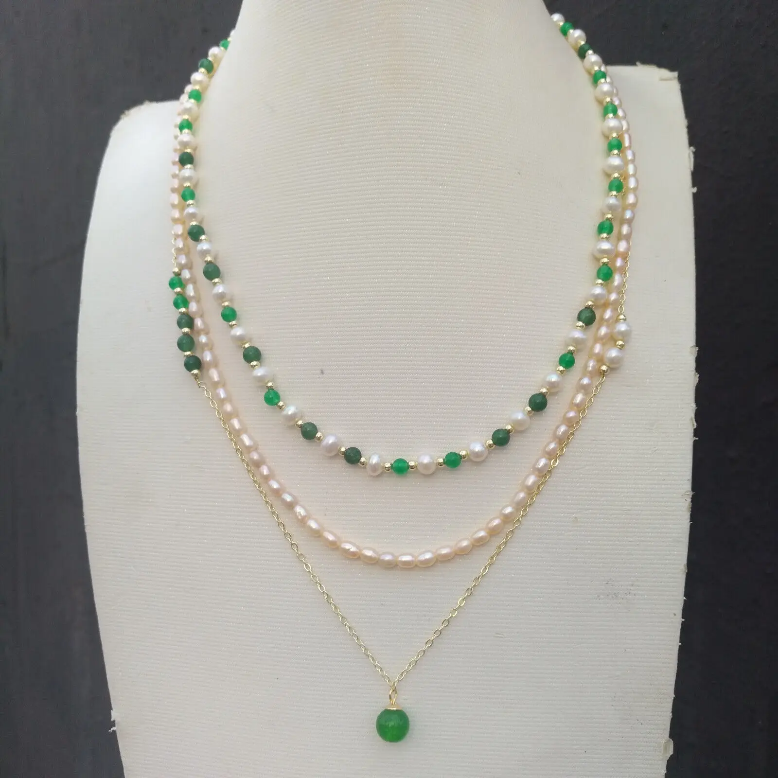 

Новый мини AAA + Akoya белый Multi-Color жемчуг + зеленый нефрит смешанные камни ожерелье 18 "Ницца милый заполненный 14k золото Бесплатная доставка