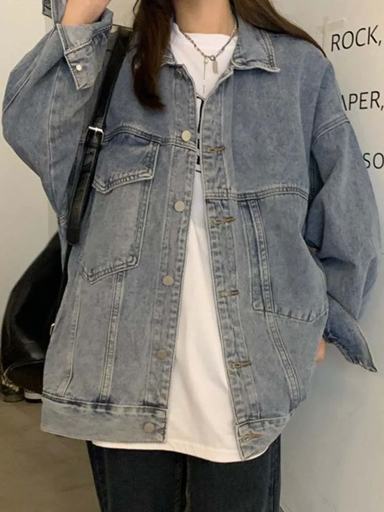 

Vintage Blue Denim Jacket Women Autumn Long Sleeve Jean Coats Female Korean Fashion Casual Turn Down Collar Oversized Jackets
