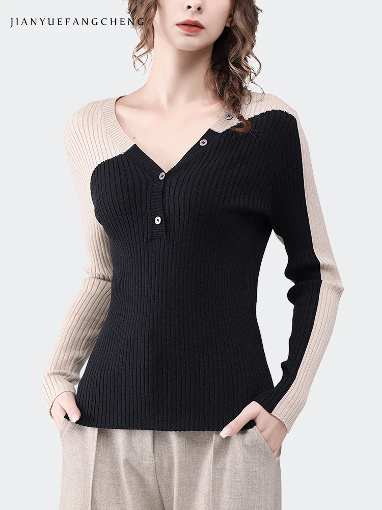 Женский трикотажный свитер с V-образным вырезом и длинным рукавом