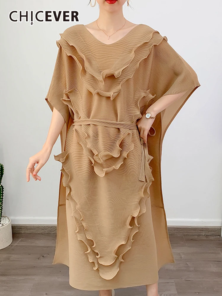 

CHICEVER Patchwork Ruffles Midi Dresses For Women Round Neck Batwing Sleeve High Waist Loose Solid Folds Dress Female Summer New