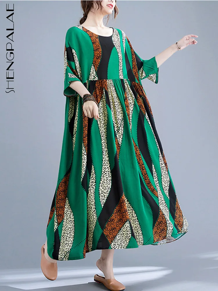 

SHENGPALAE 2022 летнее Повседневное платье с О-образным вырезом и коротким рукавом, свободная талия, модное темпераментное женское платье с принто...