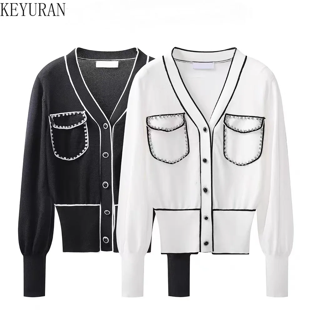 

Diamonds V-Neck Knitted Cardigans Women's 2022 Spring Autumn Vintage Loose Contrast Color White Crop Sweater for Woman Jumper