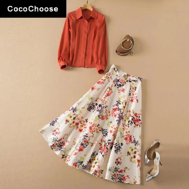 

Fashion Women Dress Sets Spring Autumn 2022 Designer Satin Shirts and High Waist Floral Long Skirt Suits Elegant 2 Piece Outfits
