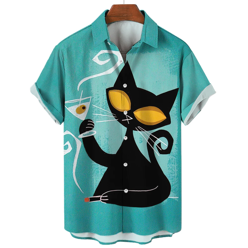 

2022 3d Lapel Hawaiian Shirt Man Casual Short Sleeve Anime Shirts Cartoon Men's Shirt Summer Men Clothes Street Retro Animal Cat