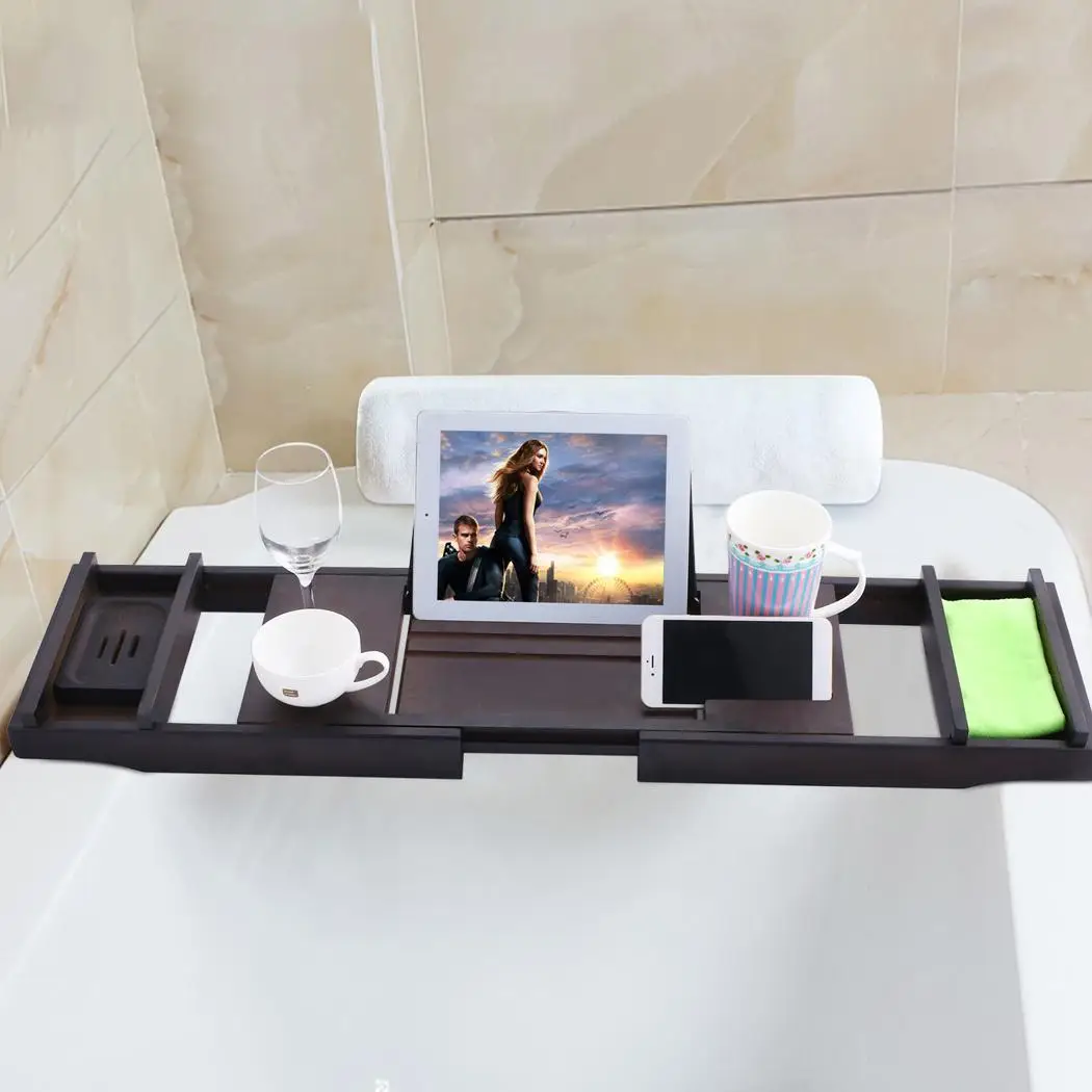 

Extendable Bathroom Bathtub Wine Glass Tray Shower Bath Rack Tablet Holder Length: 75-111cm/29.5-43.7inch