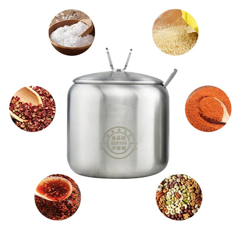 Sugar Bowl Stainless Steel Cruet with Lid&Spoon Salt Shaker Sauce Cruet Seasoning Jar