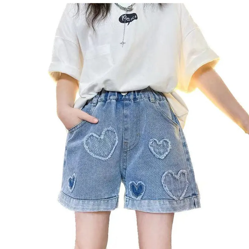 

Girls Shorts with Heart Pattern High Waist Summer Hot Deals Teenage Girl Fashion Jeans Kids Short Trousers Clothes 5-14Years Old