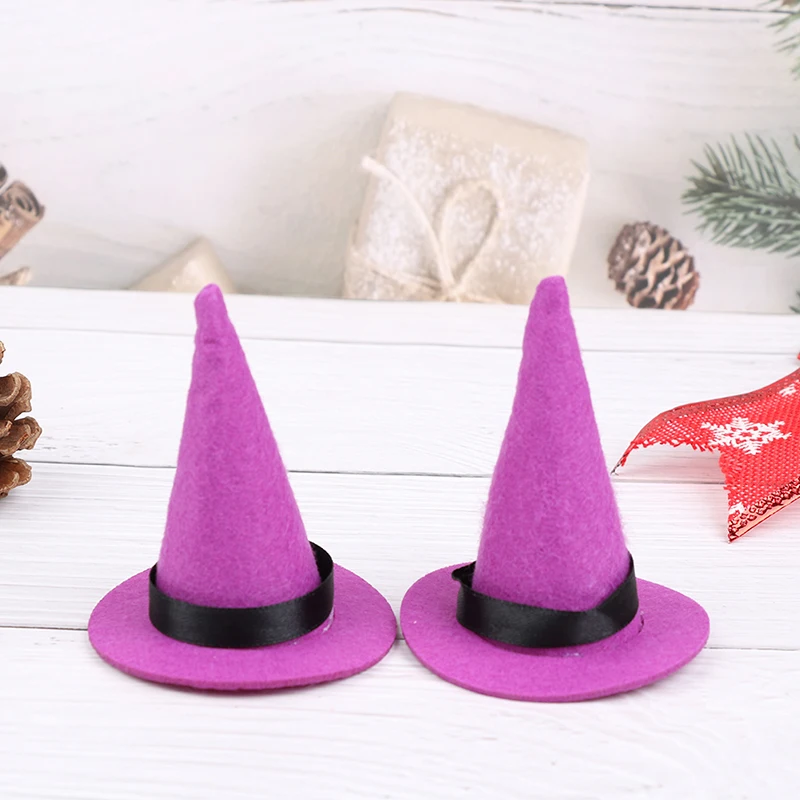 

2pcs Mini Felt Witch Hats Handmade Wine Bottle Decor for Halloween DIY Hair Accessories Crafts Halloween Party Supplies