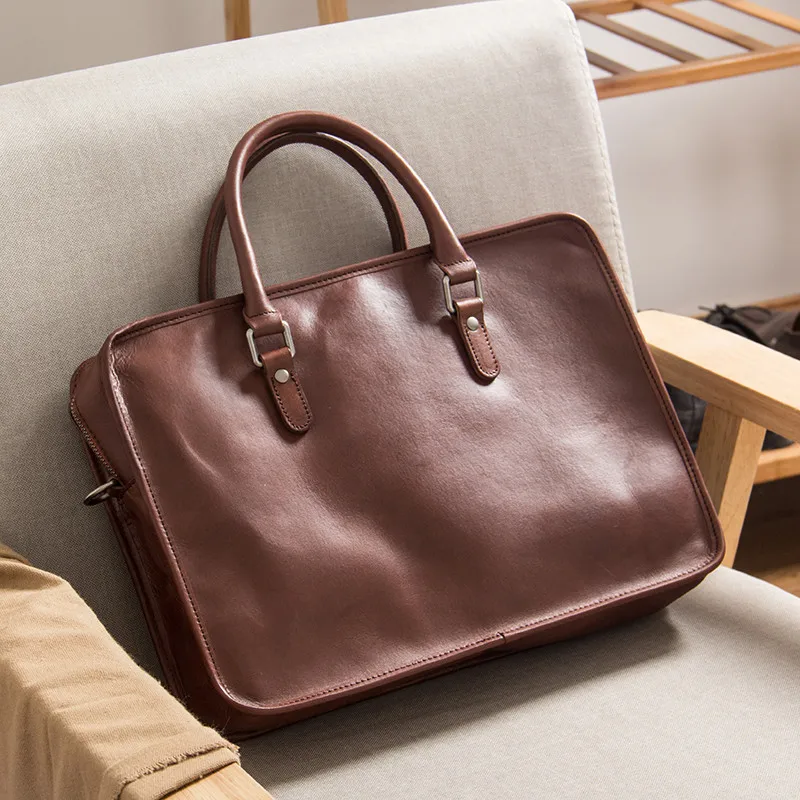 Vintage crazy horse cowhide men's briefcase luxury handmade handbags business casual simple genuine leather messenger bag