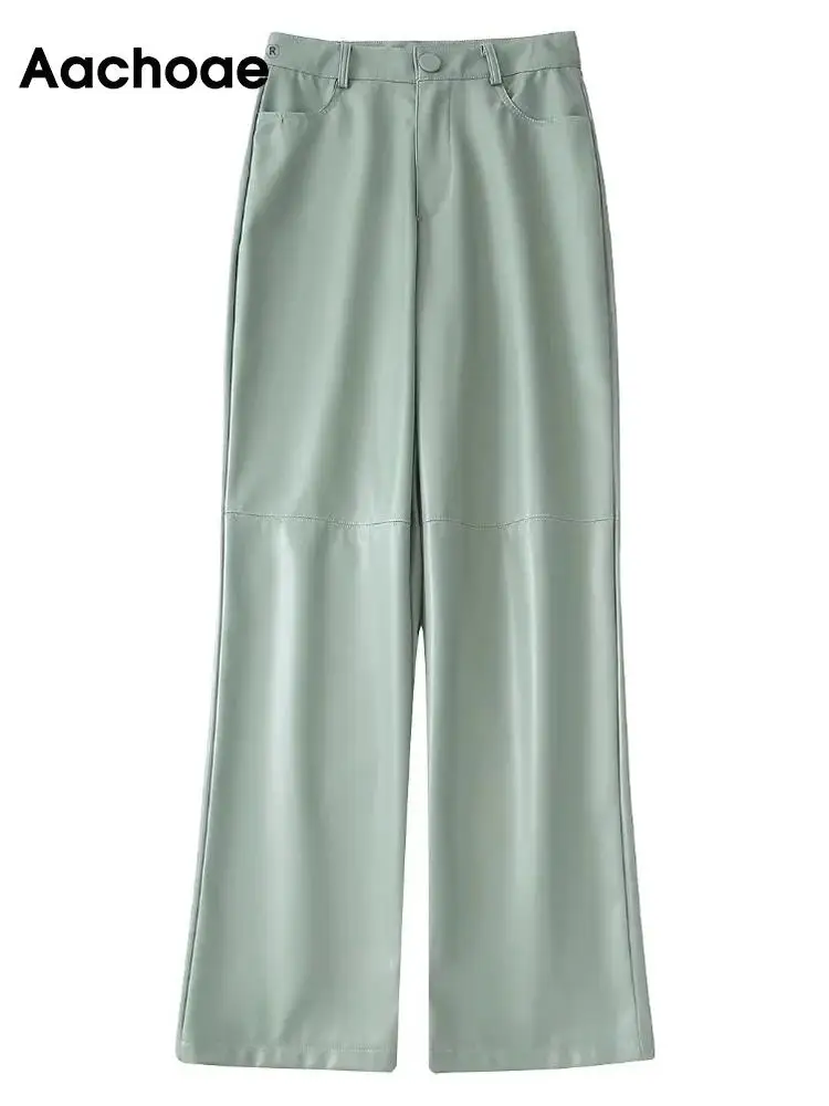 

Aachoae Women Fashion Solid Color Long Pants With Pockets Casual High Waist Zipper Fly Trousers Ladies Pea Green Pants