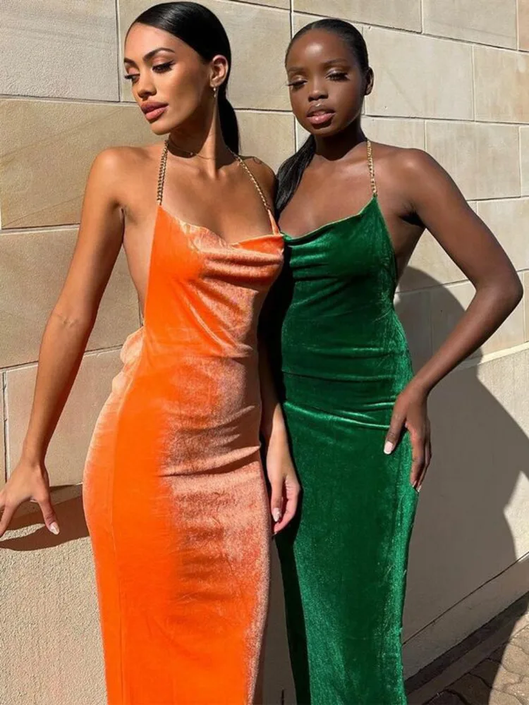 

Mozision Velvet Metal Chain Backless Midi Dress For Women 2022 Autumn Fashion Sleeveless Bodycon Sexy Long Dresses Vestido