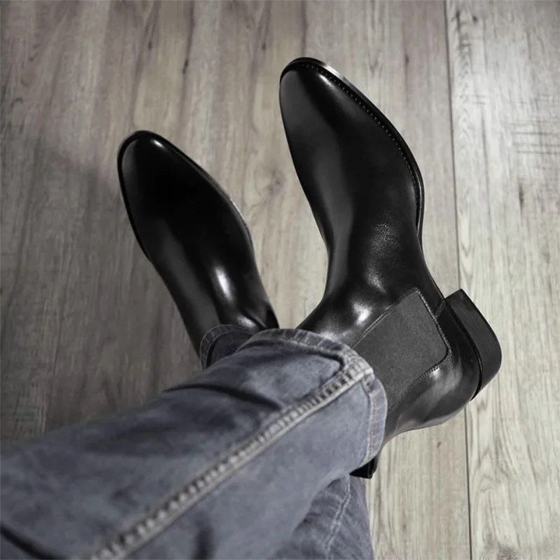 

Мужские ботинки челси, черные кожаные ботинки высокого качества с острым носком на среднем каблуке, модные деловые Повседневные Классические мужские ботинки без шнуровки