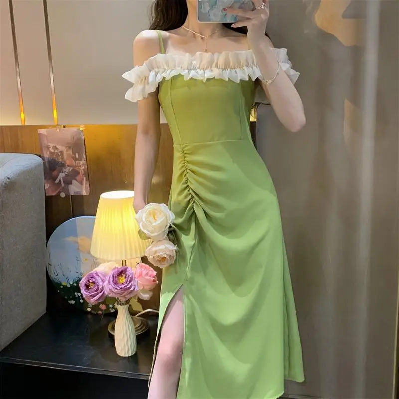 

New Women's Clothing 2022 Summer Vintage lace medium Midi split suspender Dress