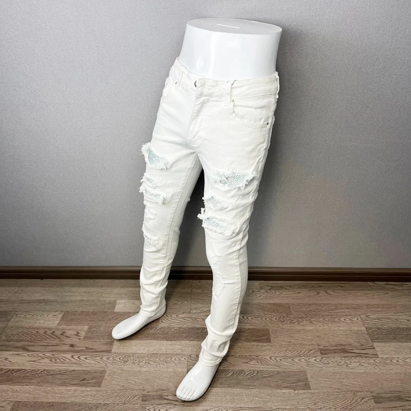 Fashion Designer Men Jeans White Color Stretch Elastic Slim Fit Ripped Jeans Men Streetwear Patched Hip Hop Brand Pants Hombre