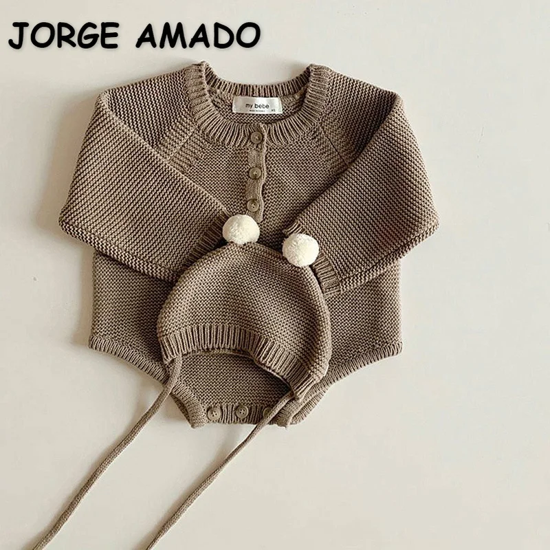 

2022 Korean Style New Spring Baby Girl Boy Bodysuit Long Sleeves Solid Color Jumpsuit with Cap Newborn Wool Knit Clothes E4800