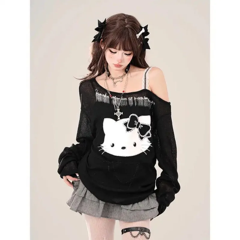 Sanrio мультфильм милый Hello Kitty американский стиль серая футболка с длинными