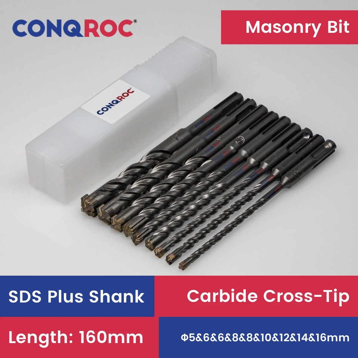 

Masonry Drill Bits Set SDS Plus Shank Carbide-Cross-Tip Length-160mm 9-Piece Diameter-5&6&6&8&8&10&12&14&16mm
