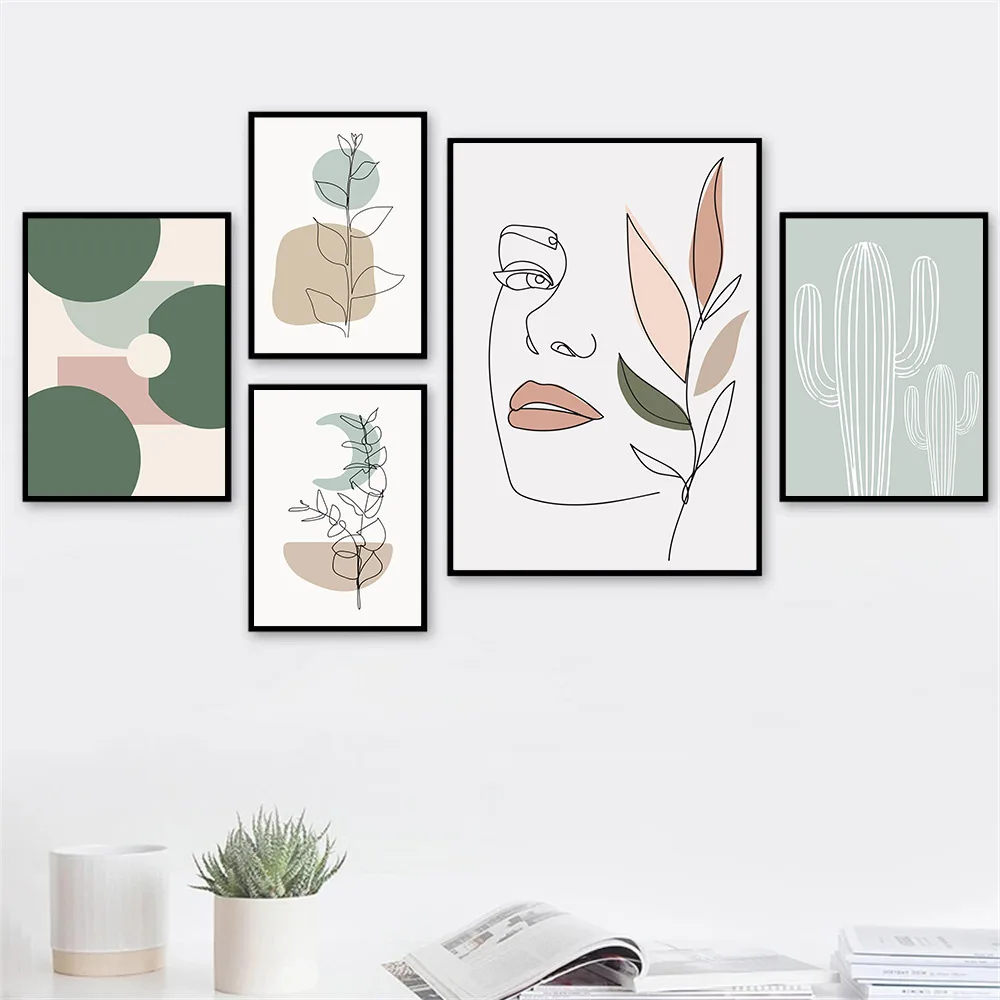 

Abstract Woman Line Face Poster Sun Moon Plant Leaf Canvas Paintings Geometric Art Print Nordic Wall Pictures Living Room Decor