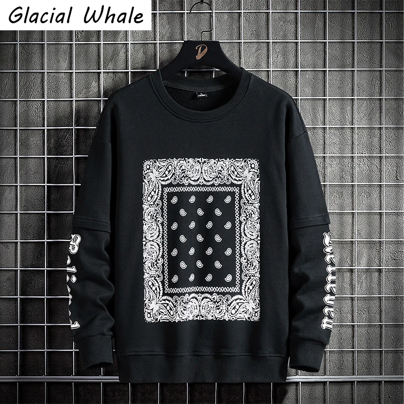 

GlacialWhale Mens Crewneck Sweatshirt Men 2022 Print Vintage Sweatshirts Oversized Hip Hop Japanese Streetwear Black Hoodie Men