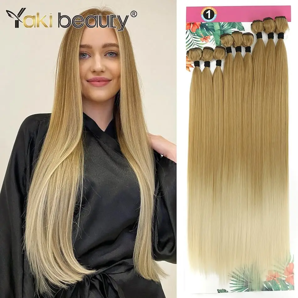

Long Straight Hair Bundles Synthetic Yaki Straight Hair Weave（9PCS/Set）20''24''28'' Organic Ice Silk Hair Extensions 300Gram