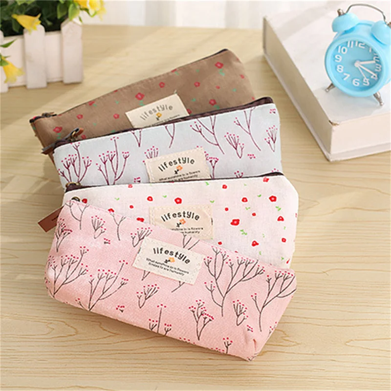 

Cute Kawaii Floral Flower Canvas Zipper Pencil Cases Lovely Fabric Flower Tree Pen Bags School Supplies