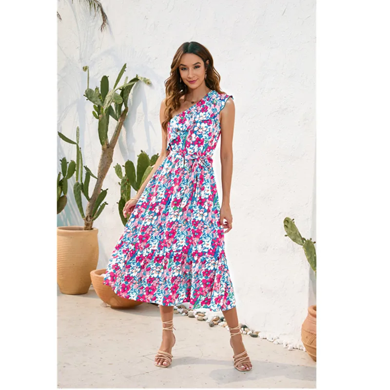

Women's Beach Vacation Casual Dress Summer Sleeveless Backless Bandage Midi Dress Boho Floral Loose Dress Lady Vestidos 2023 New