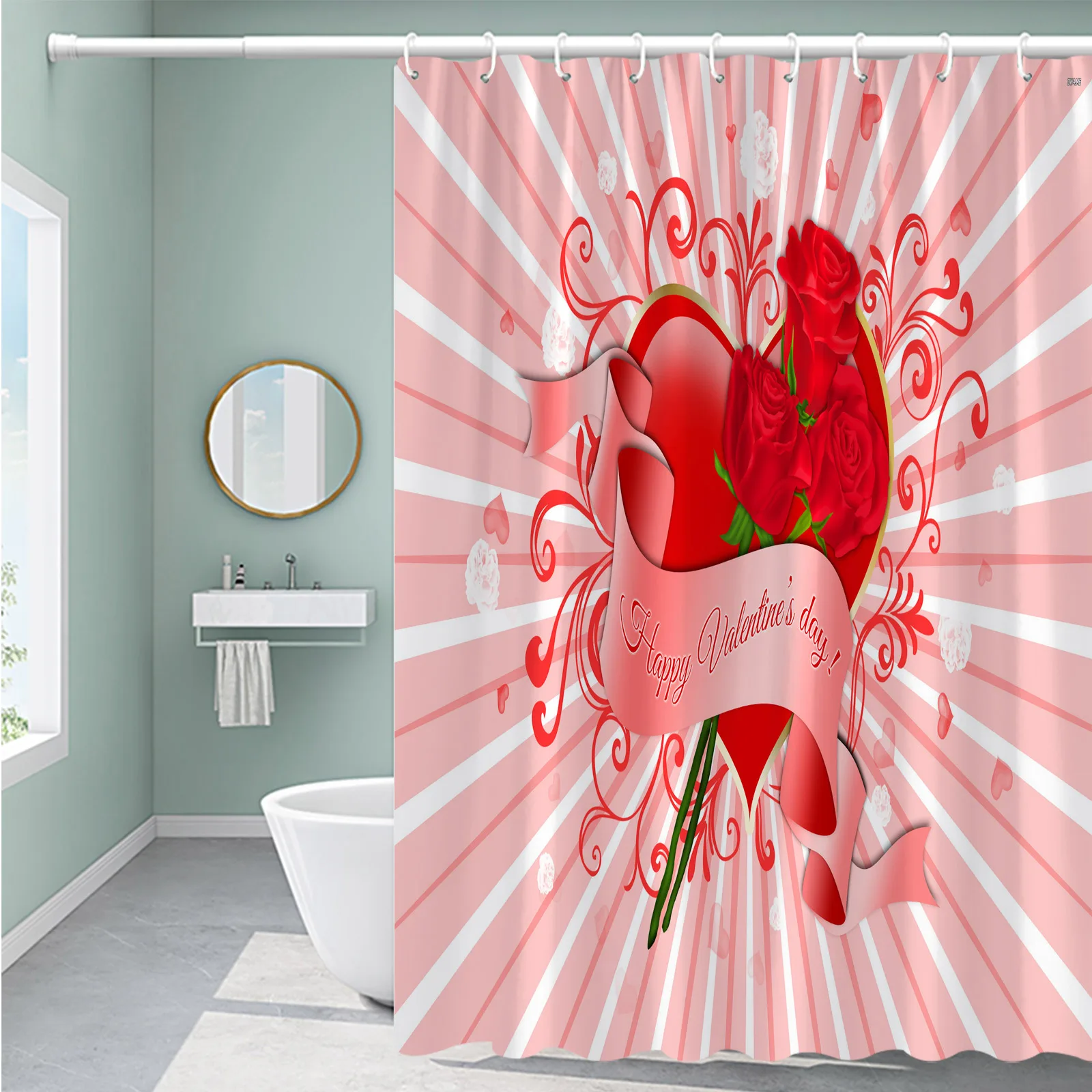 

Занавеска для душа в виде красного сердца, розы, крючки, геометрический фон, украшение для дома на День святого Валентина, занавеска для ванн...