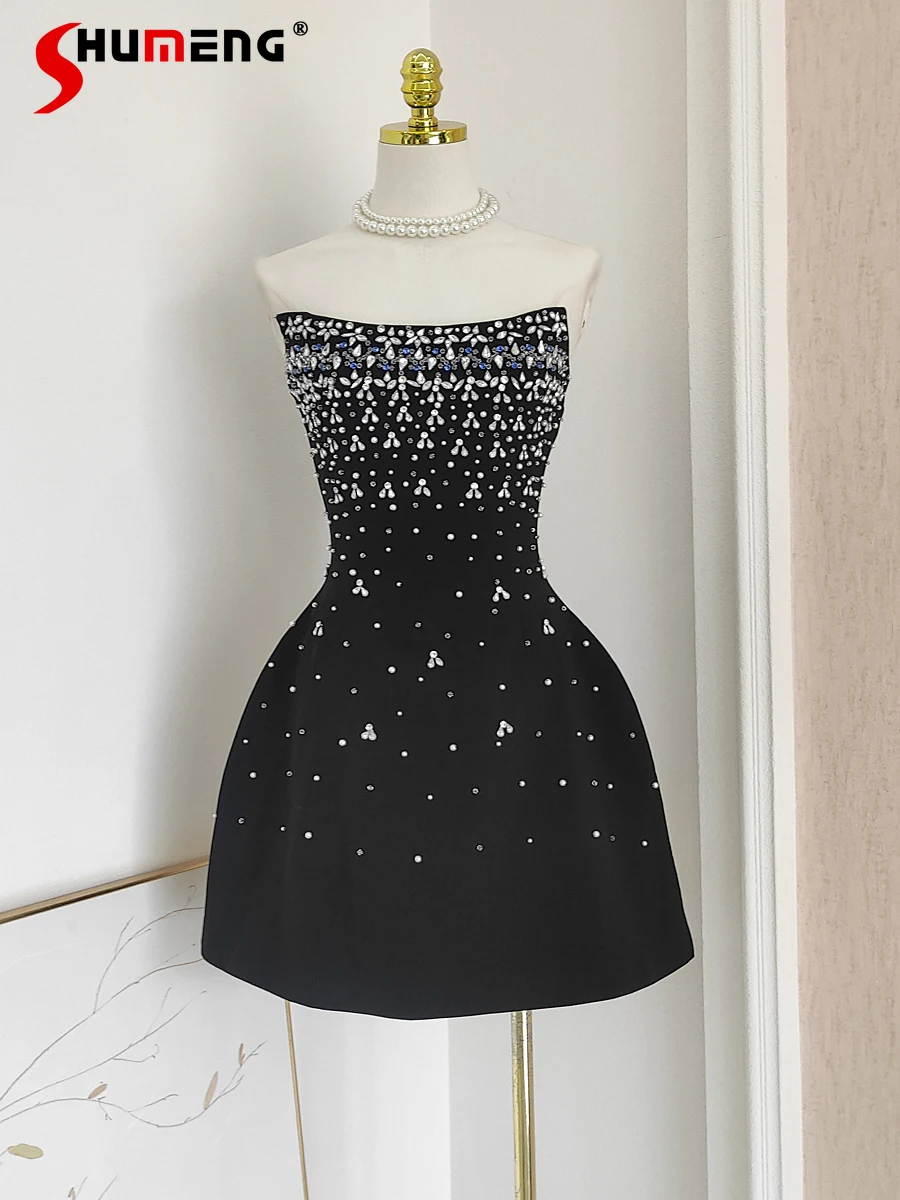 

Socialite Rhinestone Tube Top Fishbone Black Dress Autumn New Diamond-Embedded with Breasted Adjustable Dress with Inner Lining