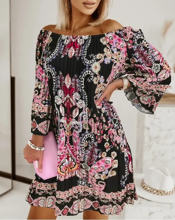 

2022 Summer Woman Casual Vintage Print Off The Shoulder Bell Sleeve Pleated Tied Detail Long Sleeves Mini Dress