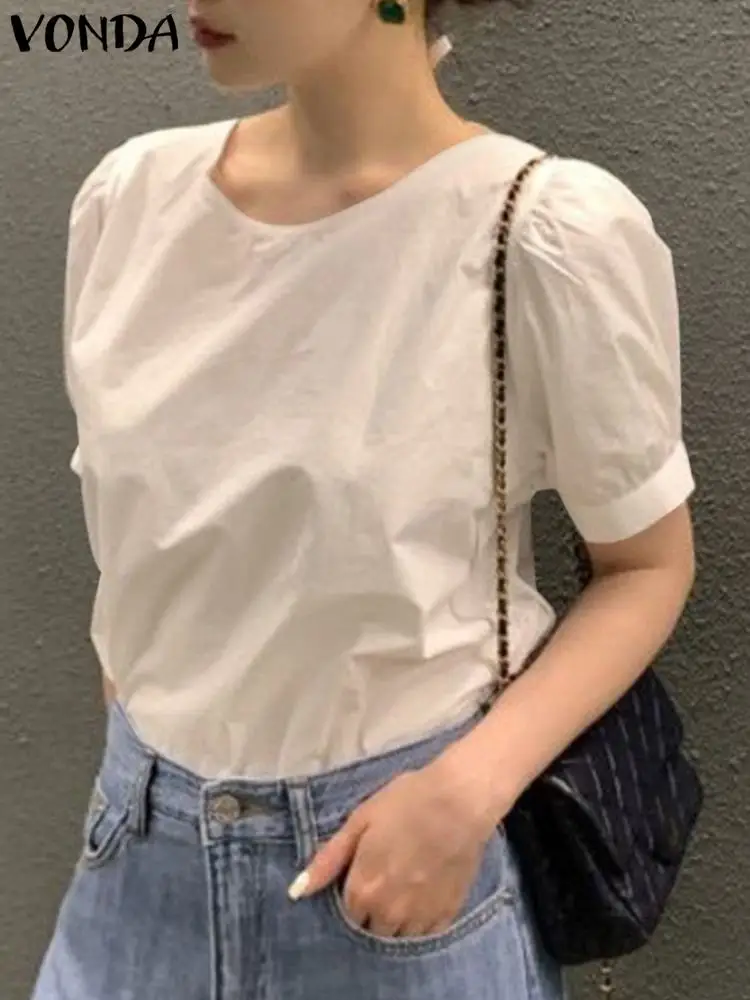 

Fashion Shirts 2023 VONDA Sexy Backless Summer Blouses Women Loose Tops Short Sleeve Bandage Casual Solid Color Blusas Femininas