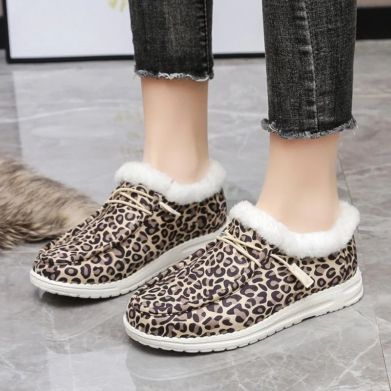 

New Fashion Loafers Student Leopard Print Flat Shoes Comfortable Cotton Shoes Women's Pumps Thick Sole Non-slip Fluff Black 43