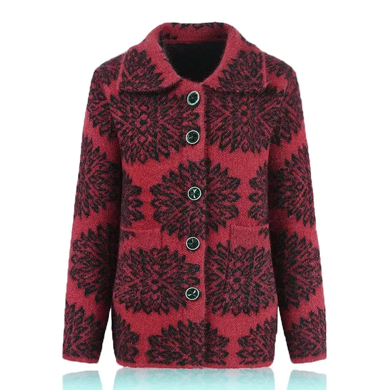 Новинка зимнее пальто с лацканами для мамы среднего возраста толстый вязаный