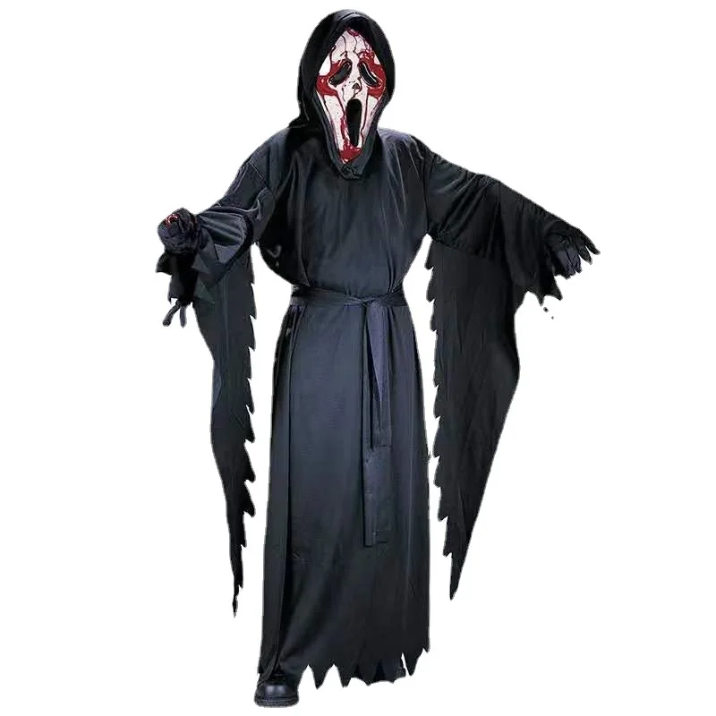 

Adult Kids Halloween Demon Ghosts Costume Dress Up Party Man Women Black Scream Death Demon Grim Reaper Cospaly Clothes and Mask