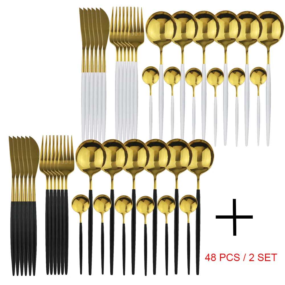 

48Pcs Knife Fork Spoon Cutlery Sets Stainless Steel Dinner Set Kitchen Flatware Gold Dinnerware Set Wedding Mirror Tableware