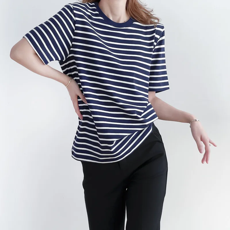 

Футболка женская хлопковая в полоску, винтажная Свободная Повседневная рубашка с коротким рукавом, Модный классический топ, зеленый, весна-...