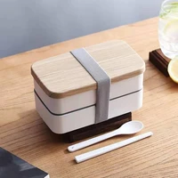 1200ml fashion wooden cover bento lunch box with spoon double layer portable microwave bento box healthy plastic food container
