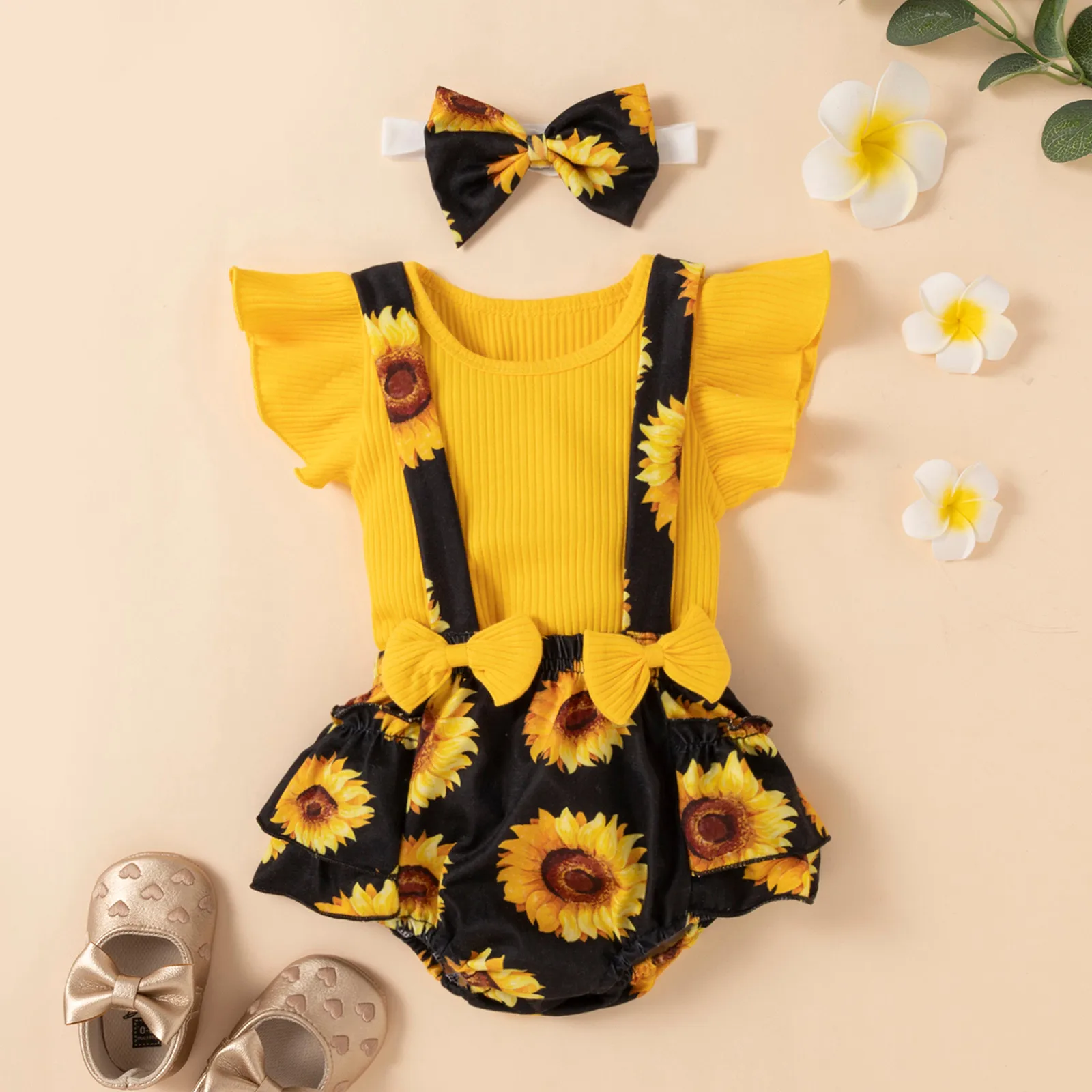 0-18 Month Newborn Baby Girls Clothes Sets Summer Fly Sleeve Ribbed Tops+Floral Suspender Shorts+Headband Set 2Pcs Outfits Sets
