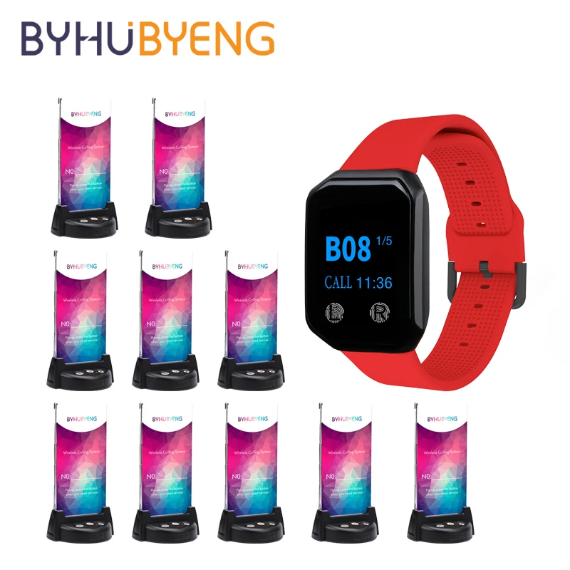 

BYHUBYENG 433.92MHz Restaurant Pager Waiter Call Transmitter Bell Button Menu Watch Receiver for Wireless Calling System