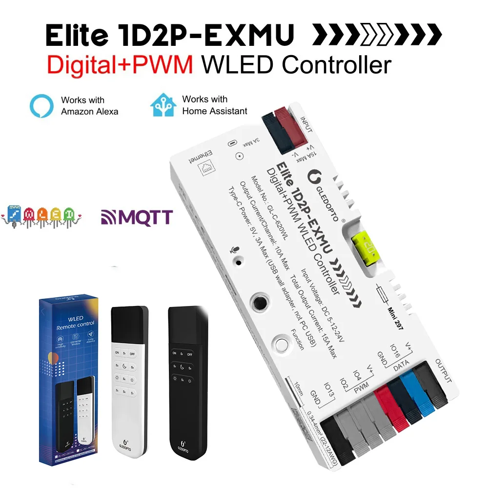 Фото Контроллер GLEDOPTO 1D2P-EXMU Digital+PWM WLED Elite Series ESP32 для светодиодных лент с Ethernet, синхронизацией музыки и поддержкой Alexa Smart Lighting №1