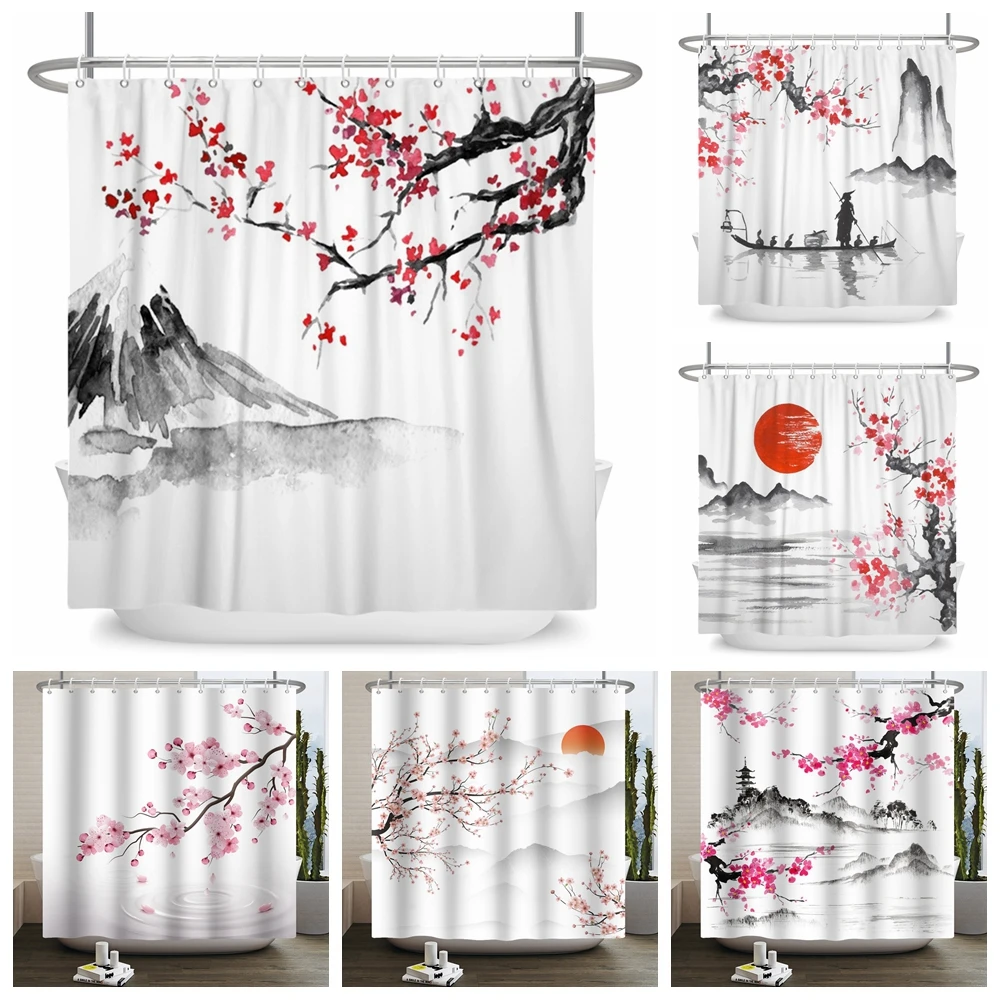 

Japanese-style Flowers Shower Curtains Plum Blossom Bathroom Curtain Frabic Waterproof Polyester Bath Curtain With Hooks