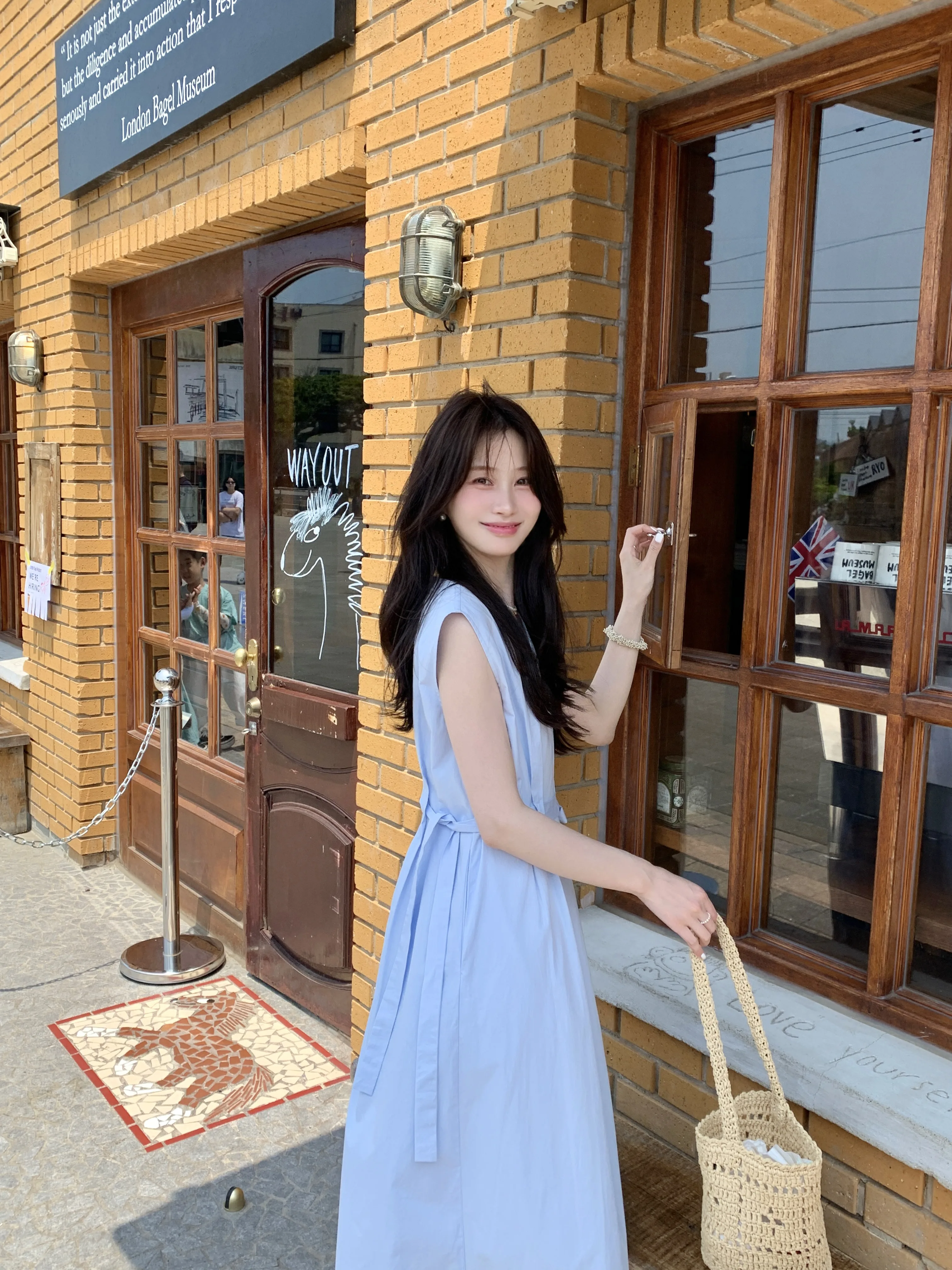 Jejuna Fried Chicken Ouni Blueberry Yogurt Pure Cotton Blue Waist Hugging Long Dress V-neck Temperament Vest