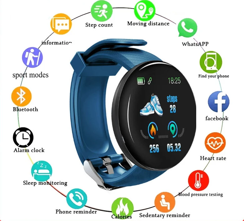 

New D18 Smart Watch Men Women Heart Rate Clock Blood Pressure Monitor Smart Sports Waterproof Smart Watch for IOS Android