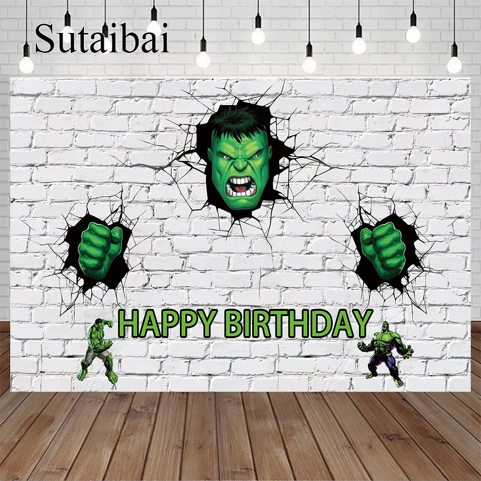 

White Brick Wall Backdrop for Hulk Theme Birthday Party Supplies Hulk Superhero Theme Baby Shower Banner for Birthday Party