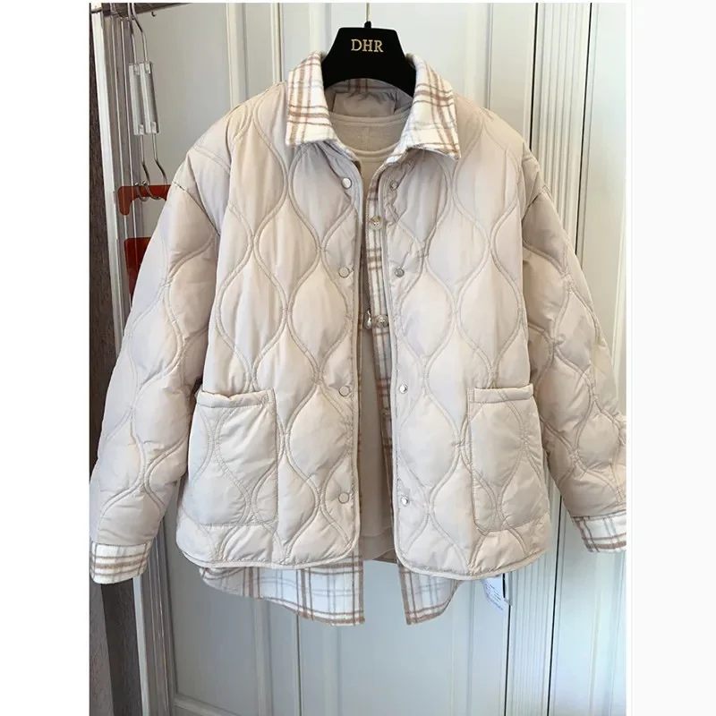 Thick Down Cotton Coat Autumn And Winter New Hong Kong Style Loose Student Stitching Retro Plaid Shirt Fake Two-Piece Coat Women