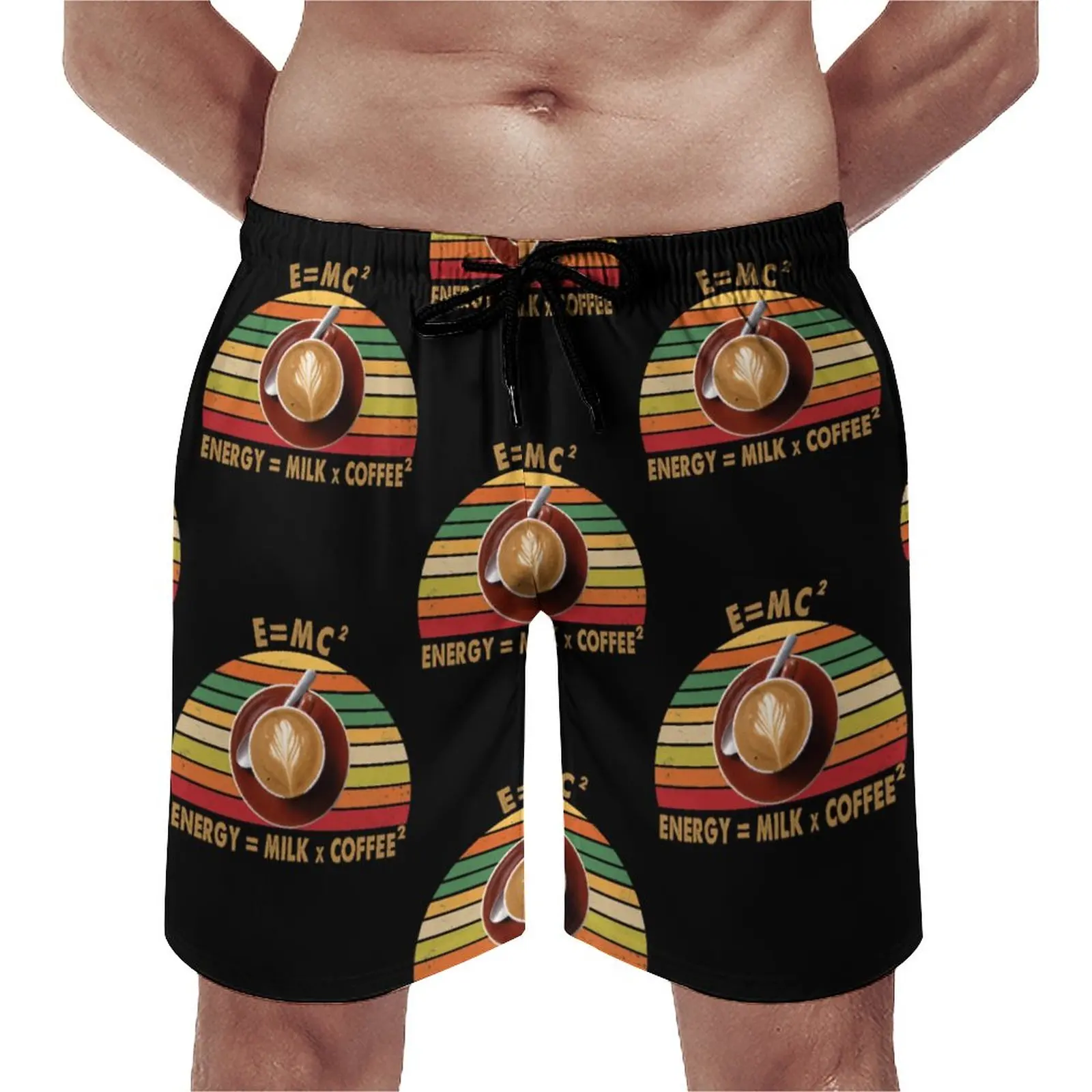 

E=MC2 Energy Milk Coffee Squared Board Shorts Funny Words Swimming Trunks Polyester Men Bathing Funny Swim Trunks