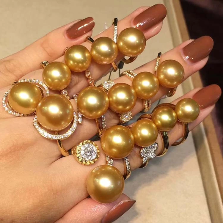 

Natural Sea Golden Balls Imported Nanyang Pearl Ring 18K Gold Inlaid Genuine Diamond Perfect Circle Strong Light Thick Gold for