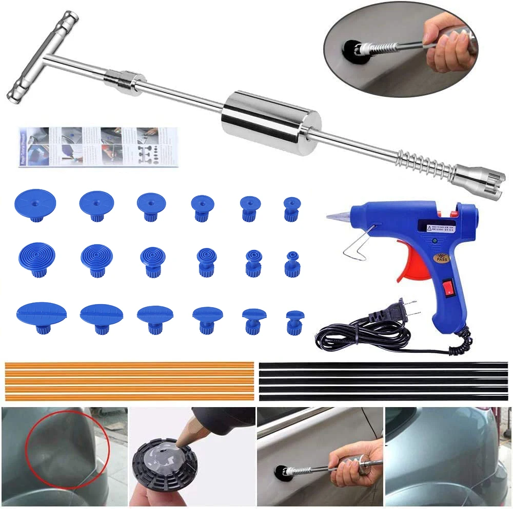 

Paintless Dent Repair Puller Kit - Dent Puller Slide Hammer T-Bar Tool with 16pcs Dent Removal Pulling Tabs for Car Auto