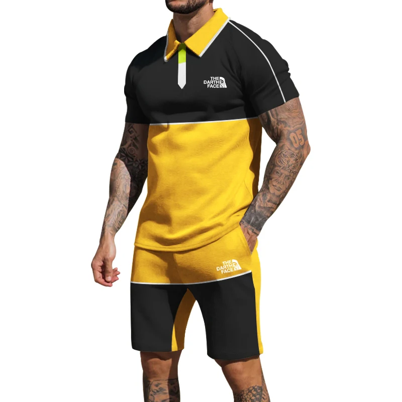 Summer suit polo shirt men's new with casual shorts trend top lapel short sleeve t-shirt