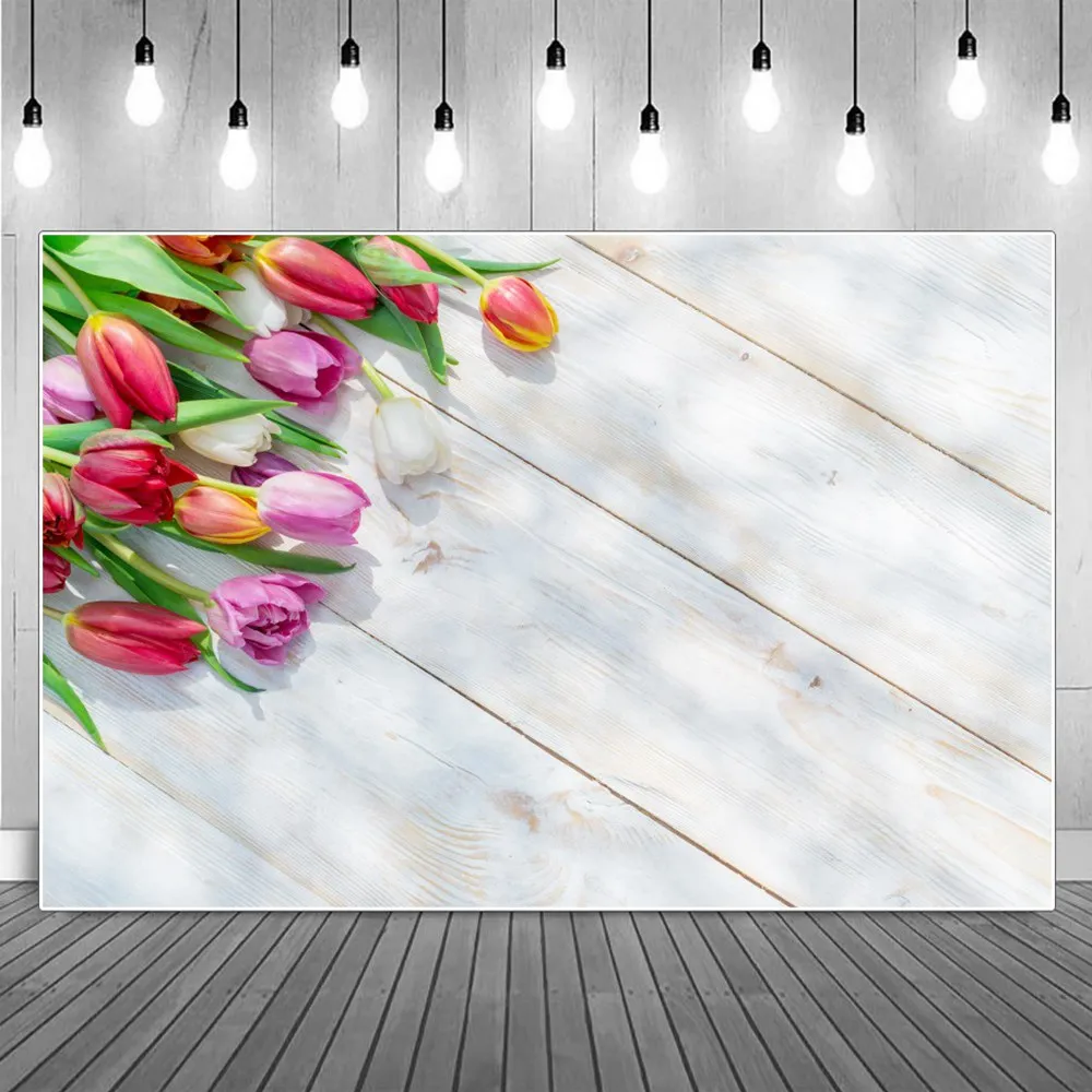 

White Wooden Plank Tulip Flowers Photography Backdrops Banner Personalized Floral Board Party Decoration Baby Photo Backgrounds
