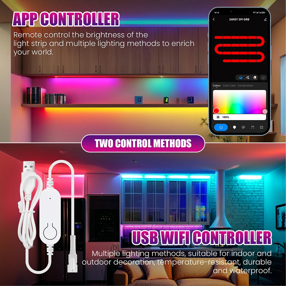 Фото Светодиодная лента 360 Glow Round RGB WS2812B Neon LED с Wi-Fi и Bluetooth управлением, 5В USB, вилки UK/US/EU/AU, комплект 1м 2м 3м 4м 5м №2